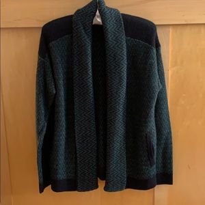 CAbi fireside chevron cardigan, M, green/navy
